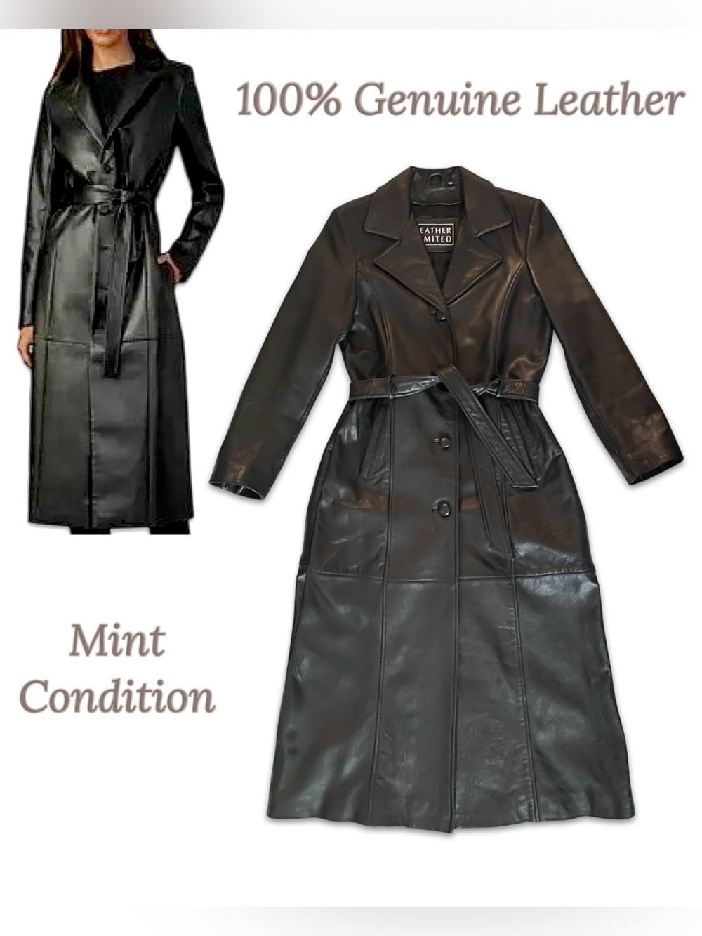 Leather Limited Black Genuine Leather Trench Coat Maxi Full Length Small Mint
